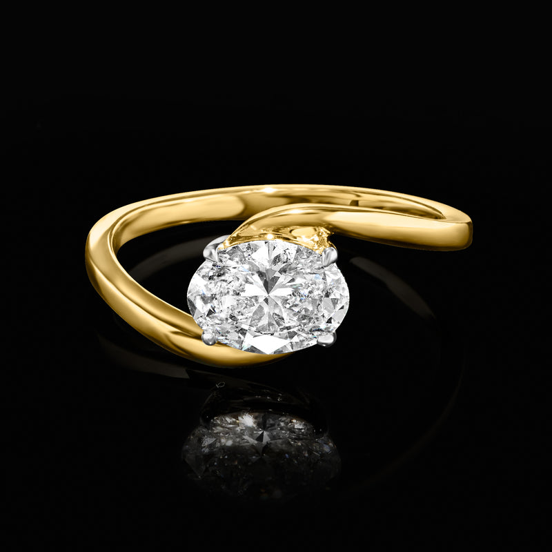 14kt yellow gold asymmetrical solitaire ring with round lab-grown diamond, prong-set