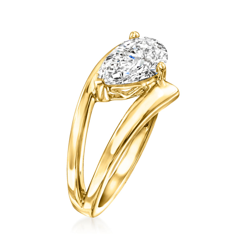 14kt yellow gold spiral ring with marquise-cut lab-grown diamond, angled view