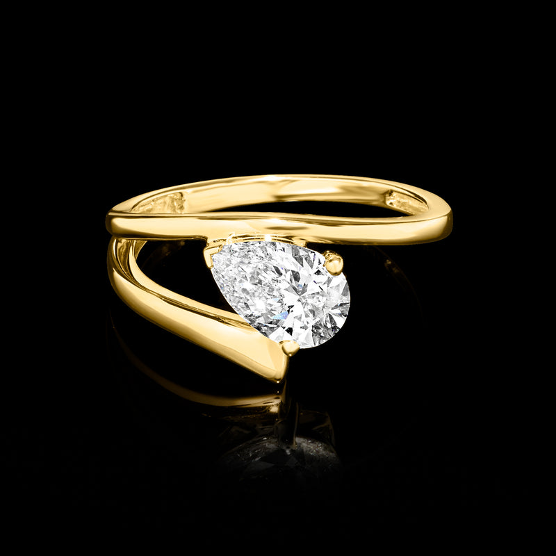 14kt yellow gold spiral ring with marquise-cut lab-grown diamond, top view
