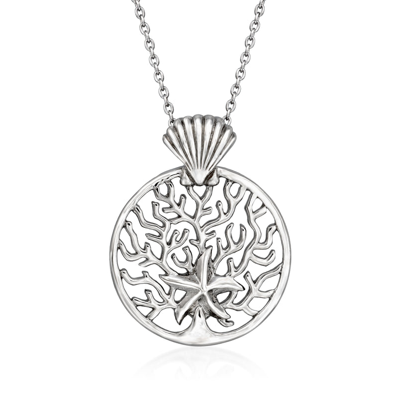 Sea life pendant necklace with round coral tree design and shell cap, sterling silver