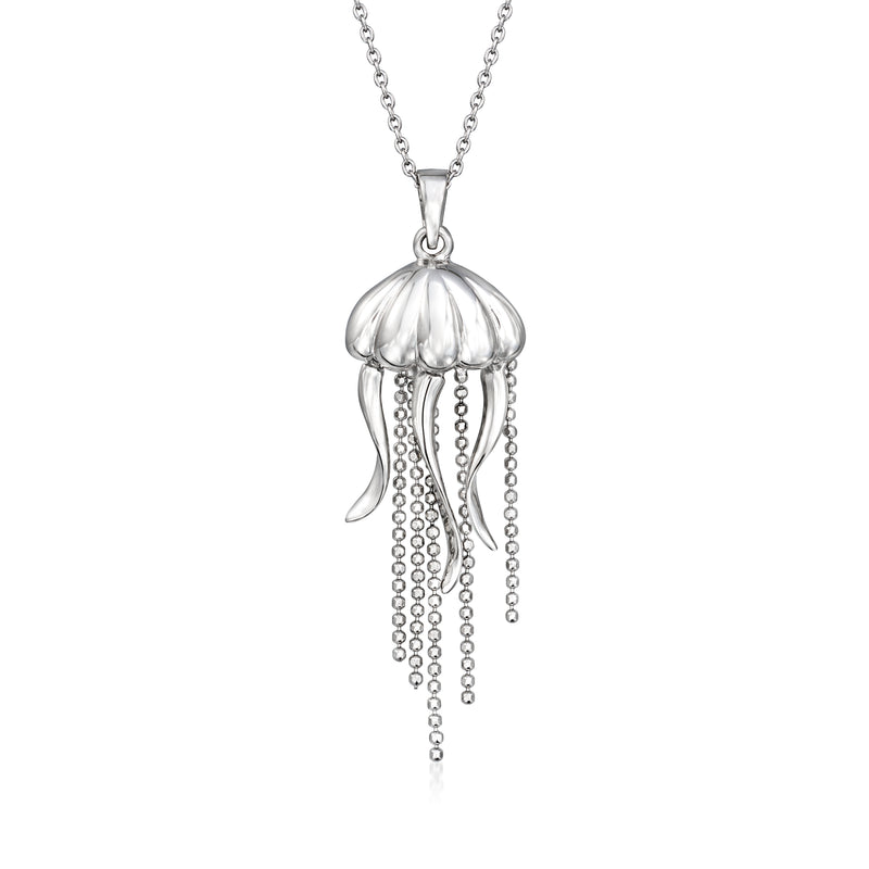 Sterling silver jellyfish pendant necklace with domed top and dangling bead chains
