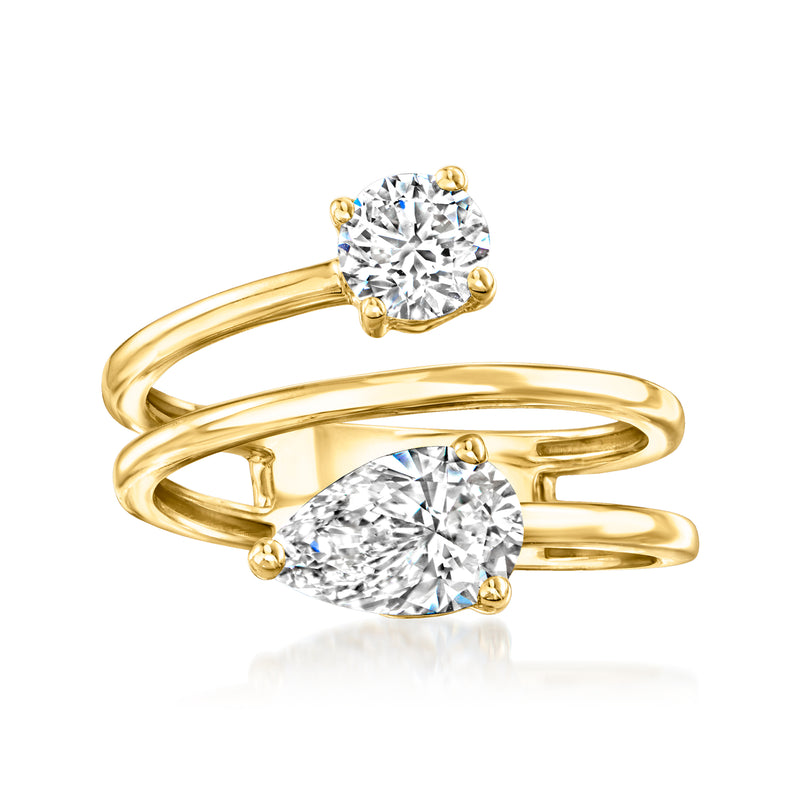 14kt yellow gold spiral ring with two round lab-grown diamonds in prong settings