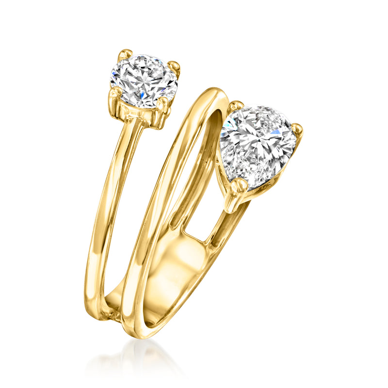 Yellow gold spiral ring with two round diamonds, prong-set at opposite sides