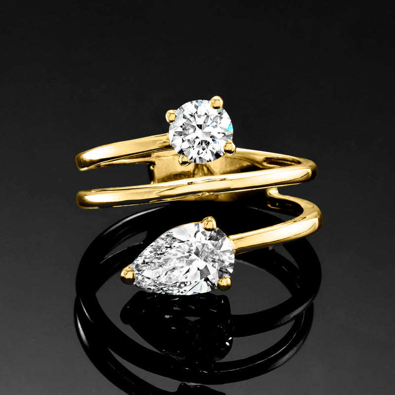 14kt yellow gold spiral band with two round prong-set lab-grown diamonds