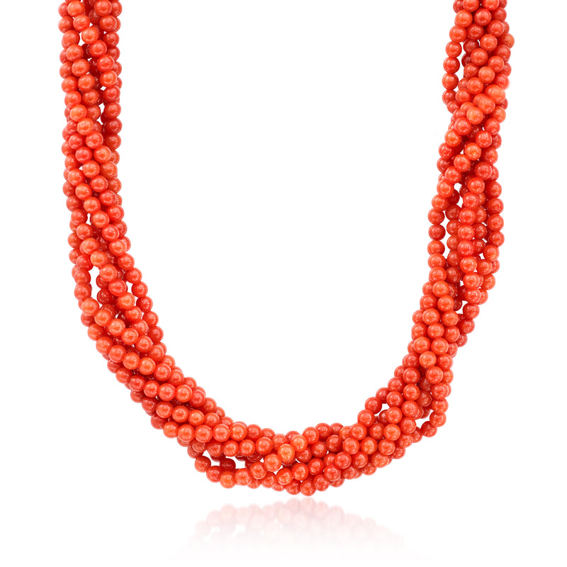 Red coral bead torsade necklace with layered bead strands