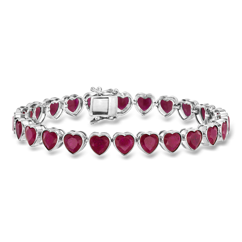 Sterling silver ruby heart tennis bracelet with marquise heart stones, hinged clasp