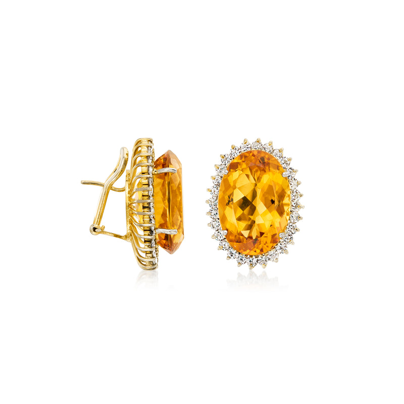 Yellow gold clip/post earrings with oval citrine center and diamond halo border