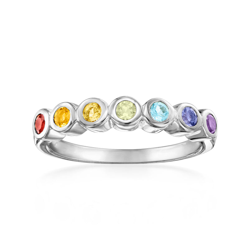 Sterling silver bezel-set multi-gemstone ring with red, yellow, green, blue & purple stones