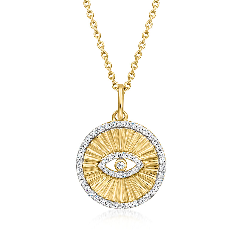 Gold evil eye pendant necklace with round diamond halo and cable chain.