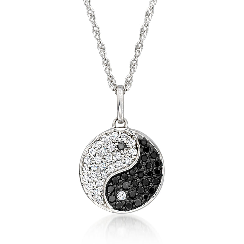 Sterling silver yin-yang pendant necklace with black and white stone inlay, round pendant