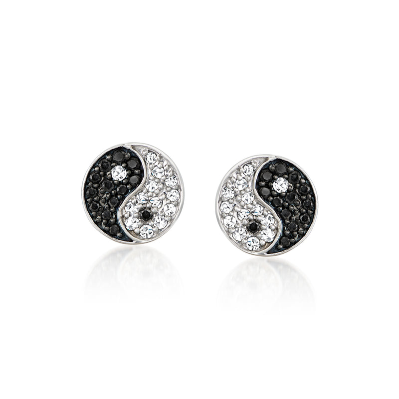 Sterling silver yin-yang post earrings with black and white diamonds