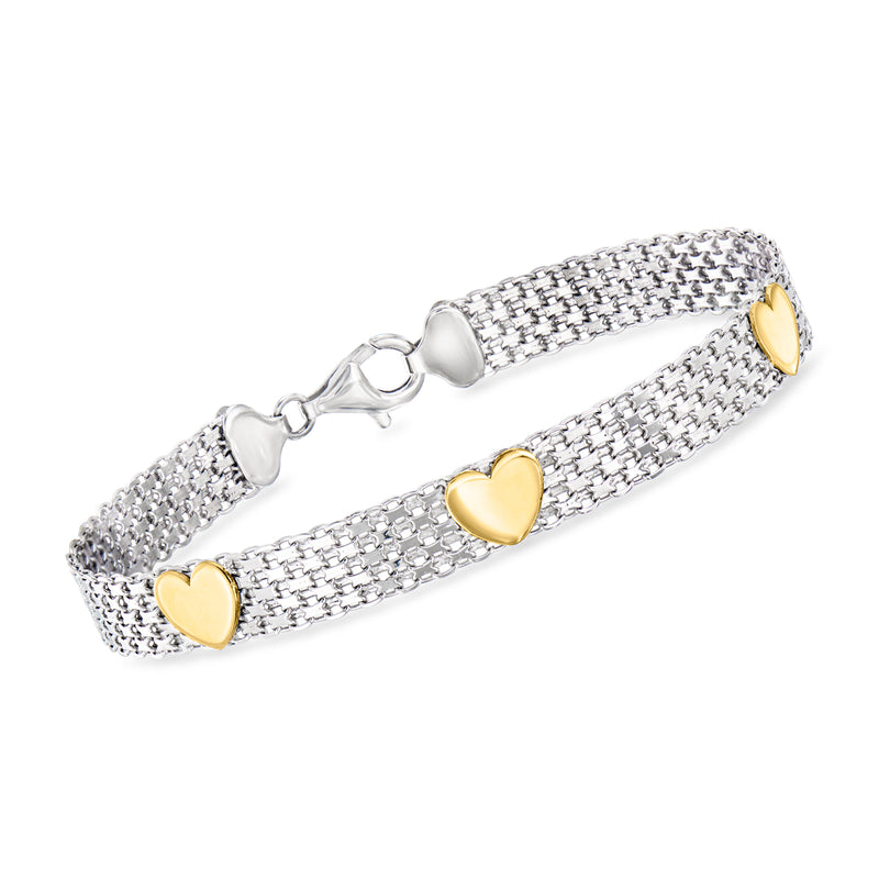 Silver Bismarck-chain bracelet with yellow gold heart accents and lobster clasp