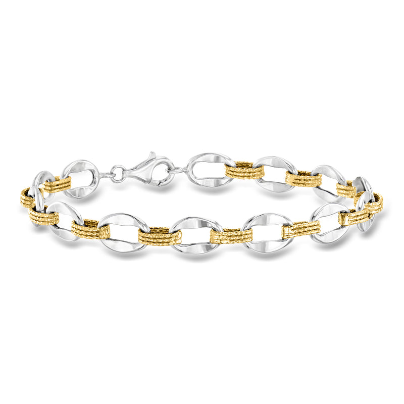 Silver and gold oval-link bracelet with polished chain links and small clasp.