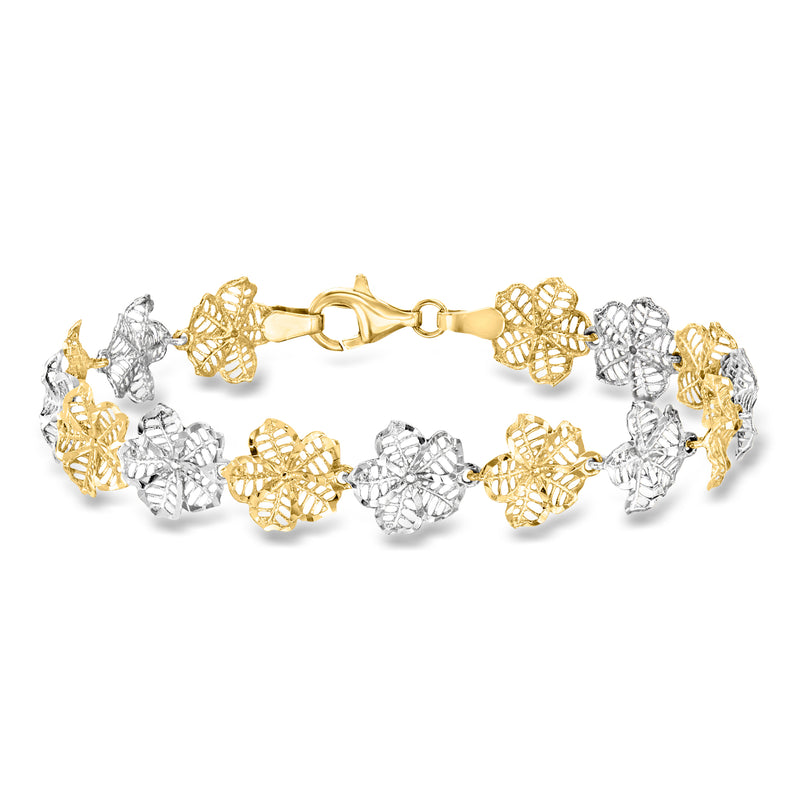 Floral-link bracelet with alternating silver and gold over sterling links, hinged clasp