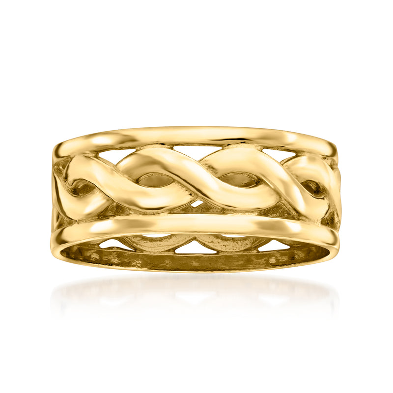 18kt gold over sterling braided ring, polished wide band with interwoven texture