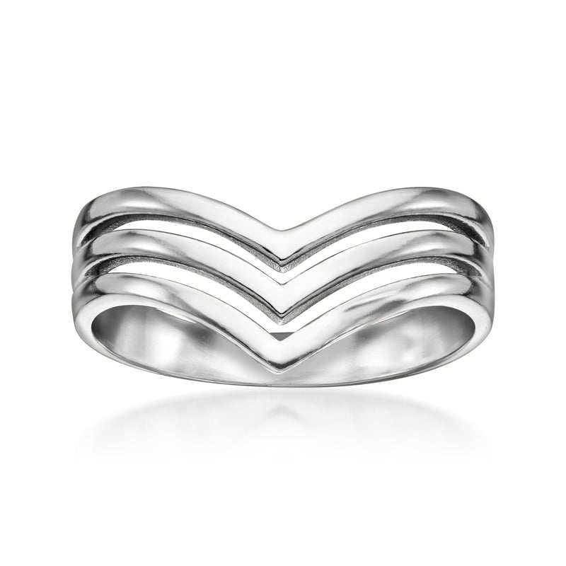 Sterling silver chevron three-row ring, polished wave design