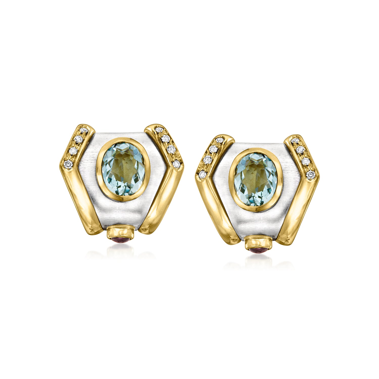 C. 1980 Vintage 4.00 ct. t.w. Sky Blue Topaz and .30 ct. t.w. Ruby Geometric Earrings with .25 ct. t.w. Diamonds in 18kt Two-Tone Gold