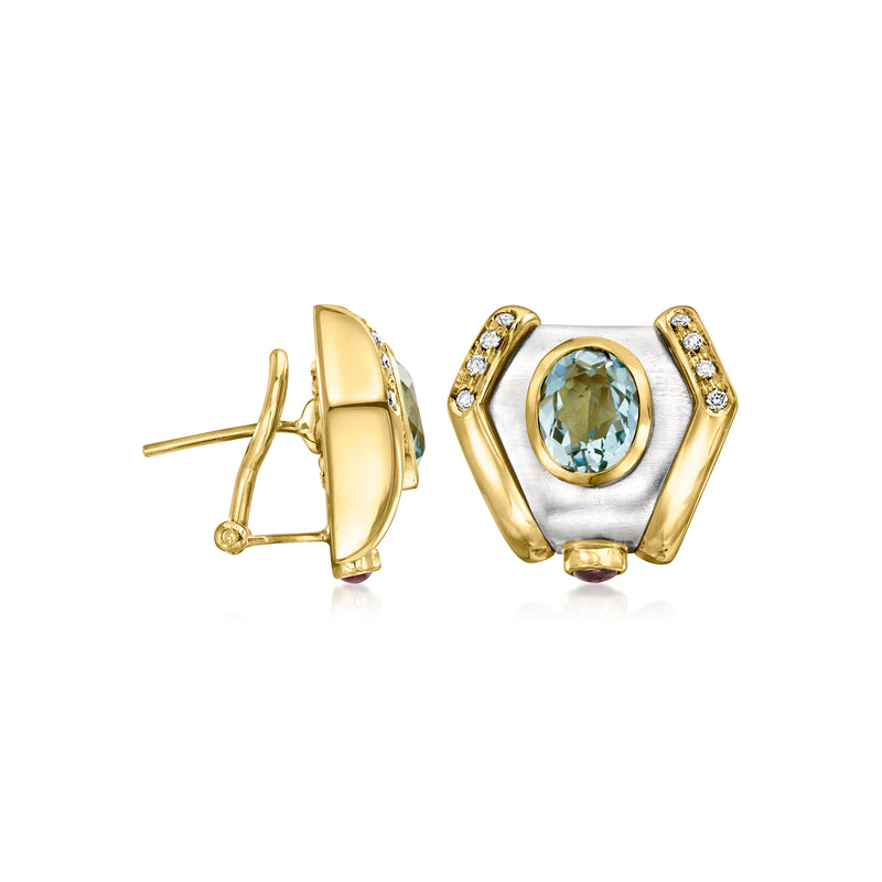 Two-tone gold geometric stud earrings with oval blue topaz and diamond halo trim