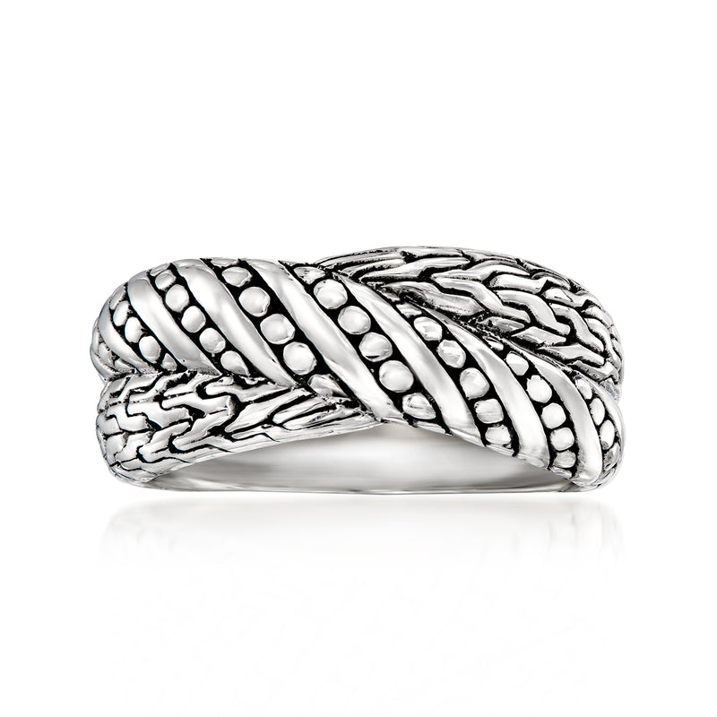 Sterling silver Bali-style crisscross ring with textured interwoven bands