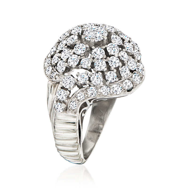 Platinum diamond cluster dome ring with polished band and side ridges