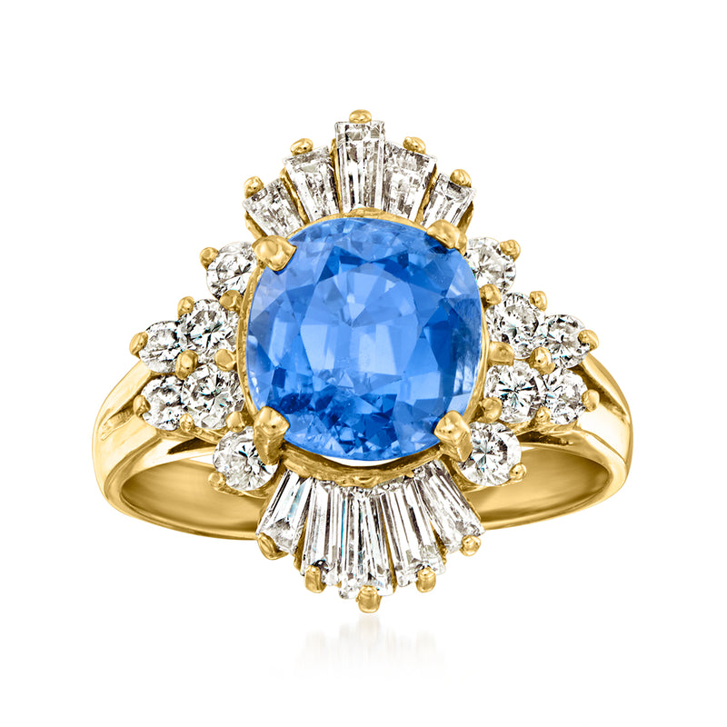 Vintage oval blue sapphire and diamond cluster ring, 14k yellow gold