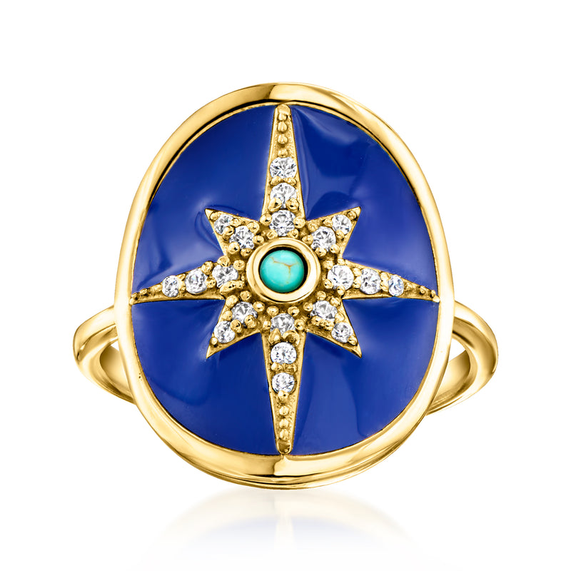 Gold-tone round enamel star ring with turquoise center and white zircon accents