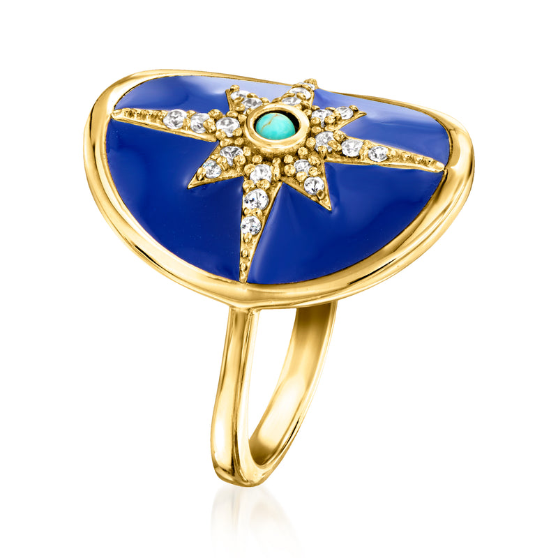 Gold-tone oval enamel ring with turquoise center star and white zircon accents