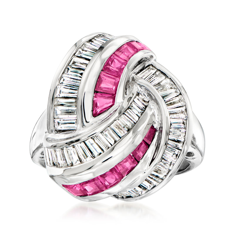 Platinum love-knot ring with pink ruby and baguette diamond accents, size 7
