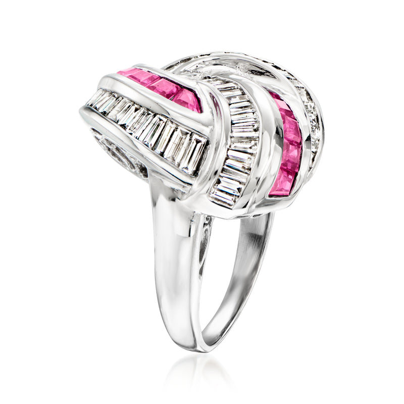Platinum love-knot ring with pink ruby in woven design and baguette diamond borders