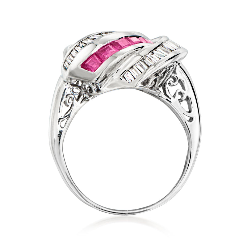 Platinum love-knot ring view of circular band with pink ruby and diamond accents