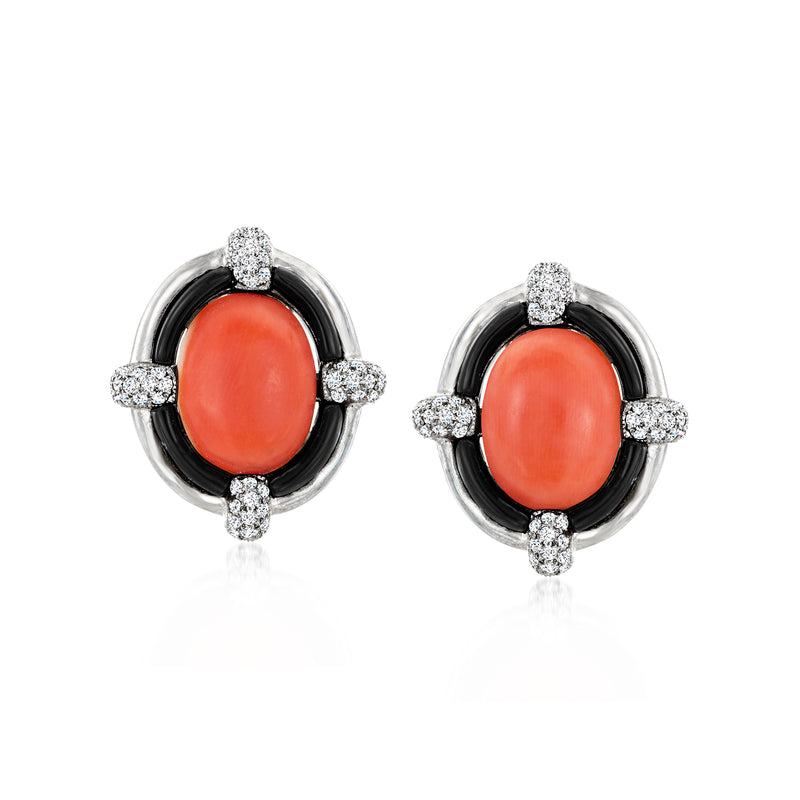 Orange coral oval post earrings with black onyx ring and diamond accents in white gold