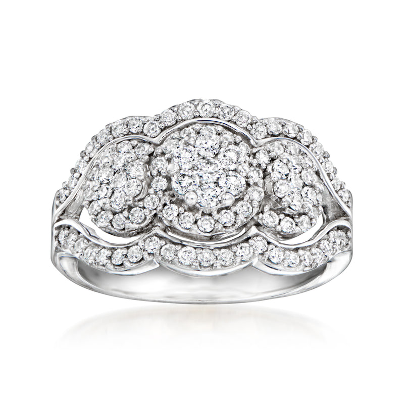 Vintage diamond cluster ring in white gold with multiple round-cut stones, 1.05 ct t.w.