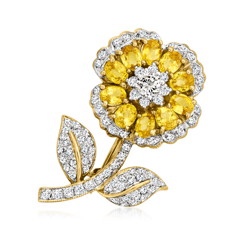 Vintage yellow gold flower pin with yellow sapphire petals and diamond center and border