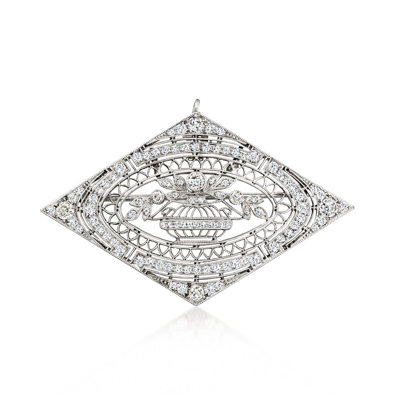 Vintage platinum diamond filigree pin pendant with geometric oval motif