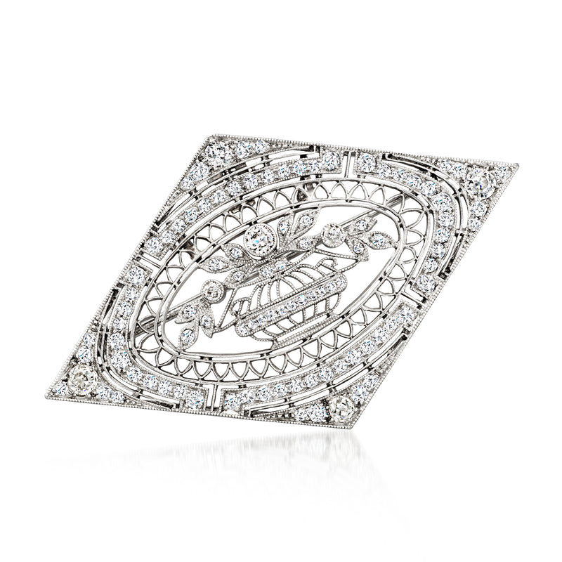 Platinum diamond filigree pin pendant with oval openwork and geometric border