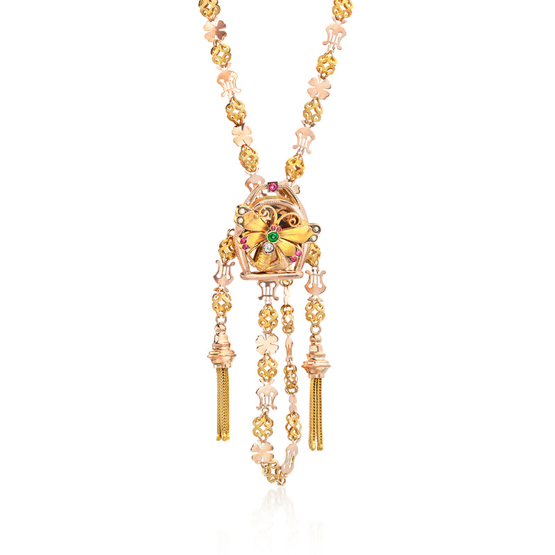 Vintage butterfly necklace with multicolor simulated gems, seed-pearl drops, two-tone gold.