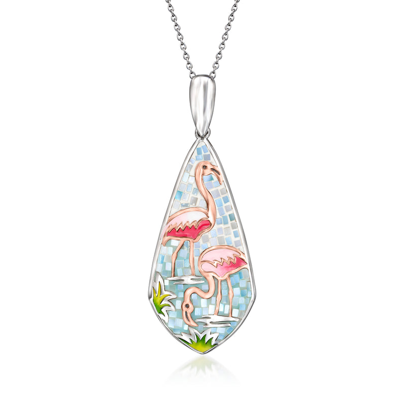 Flamingo mosaic pendant necklace with mother-of-pearl and enamel, sterling silver chain