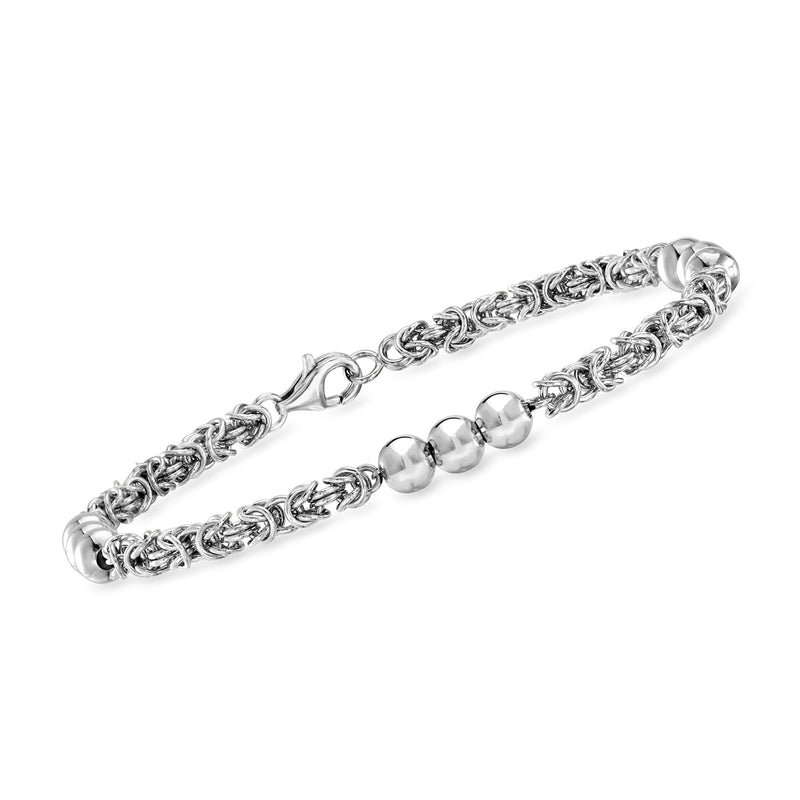 Sterling silver Byzantine bead station bracelet with round 5mm beads, linked chain