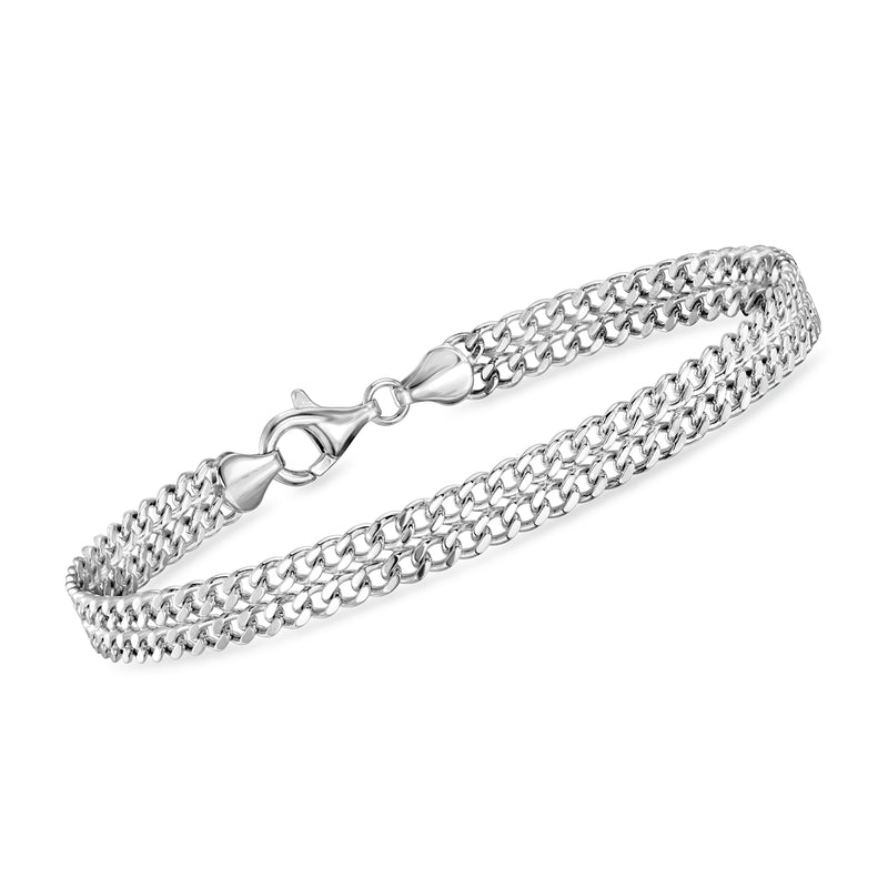 Sterling silver two-row curb-chain bracelet with clasp and oval link design