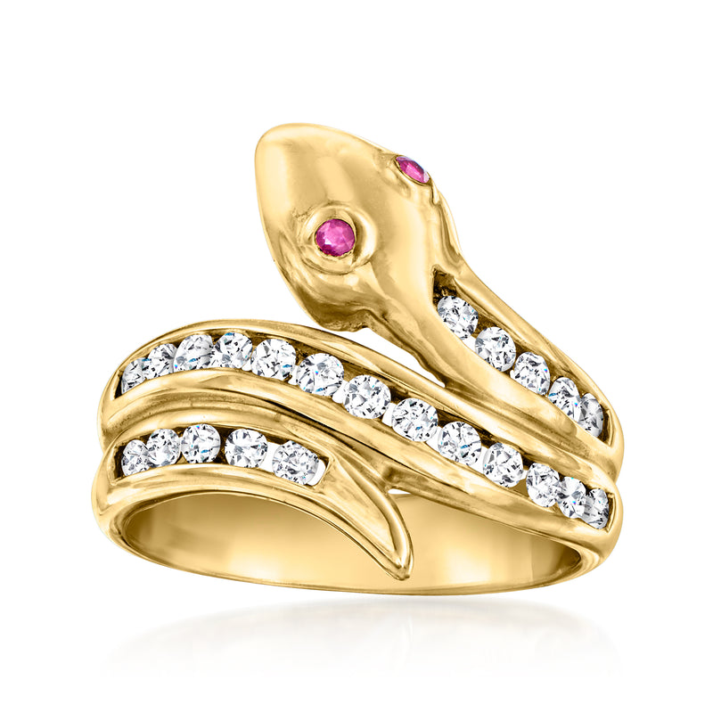 Vintage 14kt yellow gold snake ring with rubies and diamond-set body