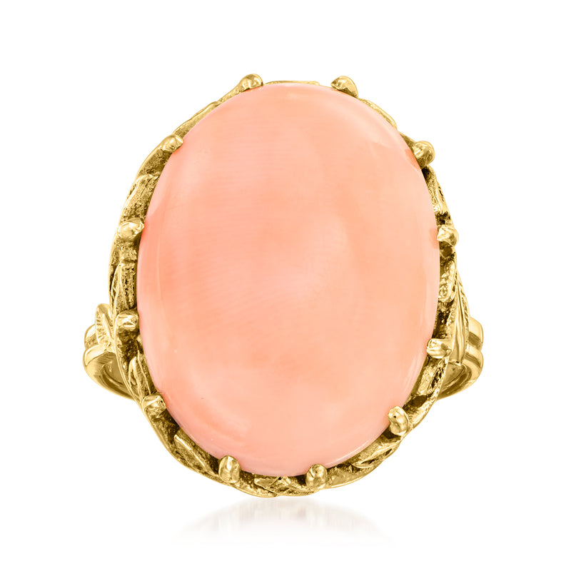 Vintage coral pink cocktail ring, 14kt yellow gold setting with oval cabochon