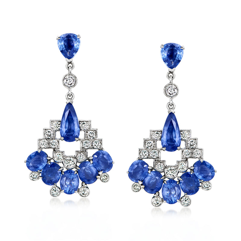 Sapphire and diamond chandelier earrings in 18kt white gold, blue teardrop drops
