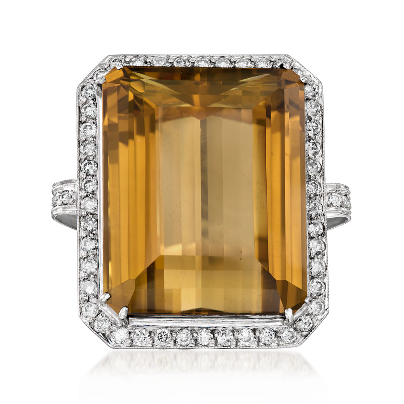 18kt white gold cocktail ring with large rectangular citrine center and diamond halo