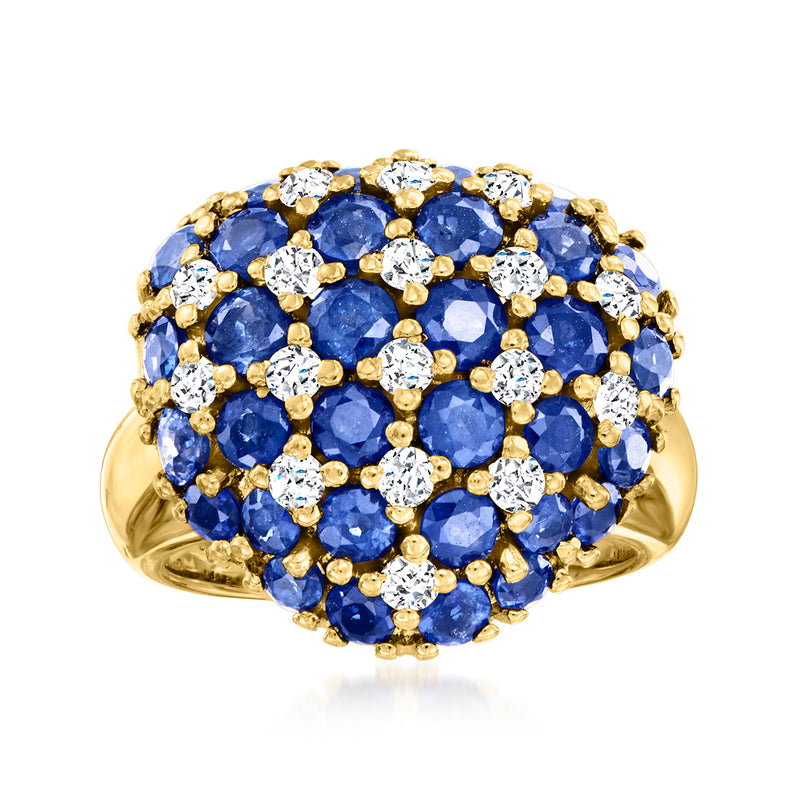 18k yellow gold dome heart ring with blue sapphire clusters and white diamond accents