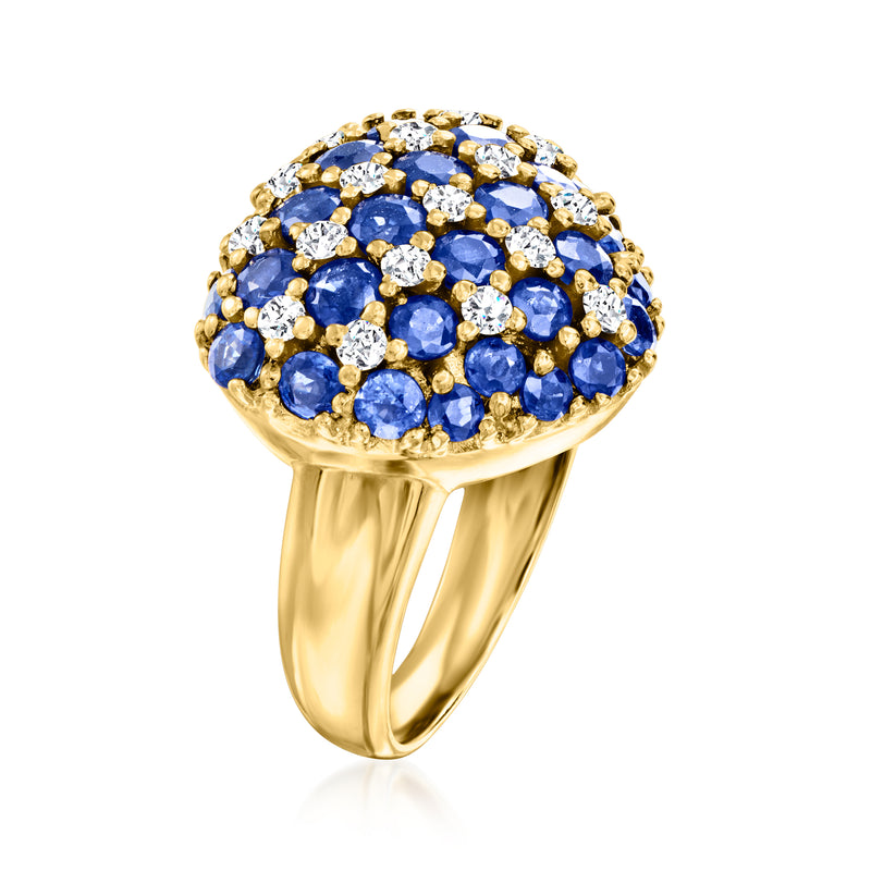 Yellow gold dome heart ring with blue sapphire stones and round white diamond accents
