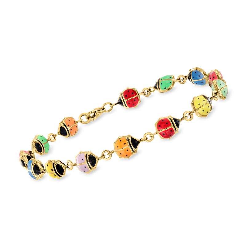 14kt yellow gold bracelet with multicolored enamel ladybug charms, linked chain