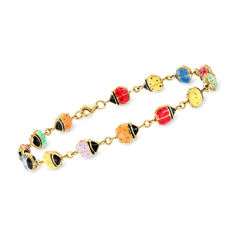 Gold-tone enamel ladybug charm bracelet with multicolored beetle beads