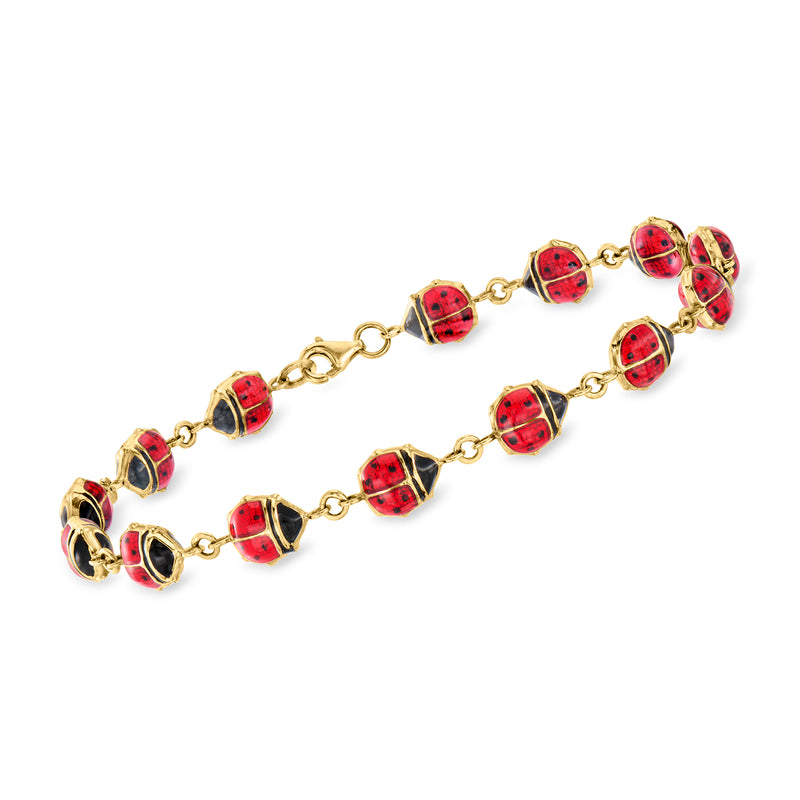 14kt yellow gold ladybug bracelet, red and black enamel charm links