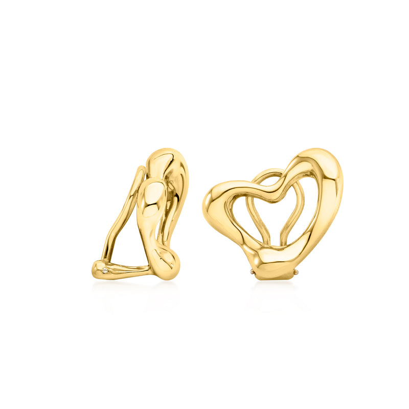 Gold heart clip-on earrings, side view with clasp back