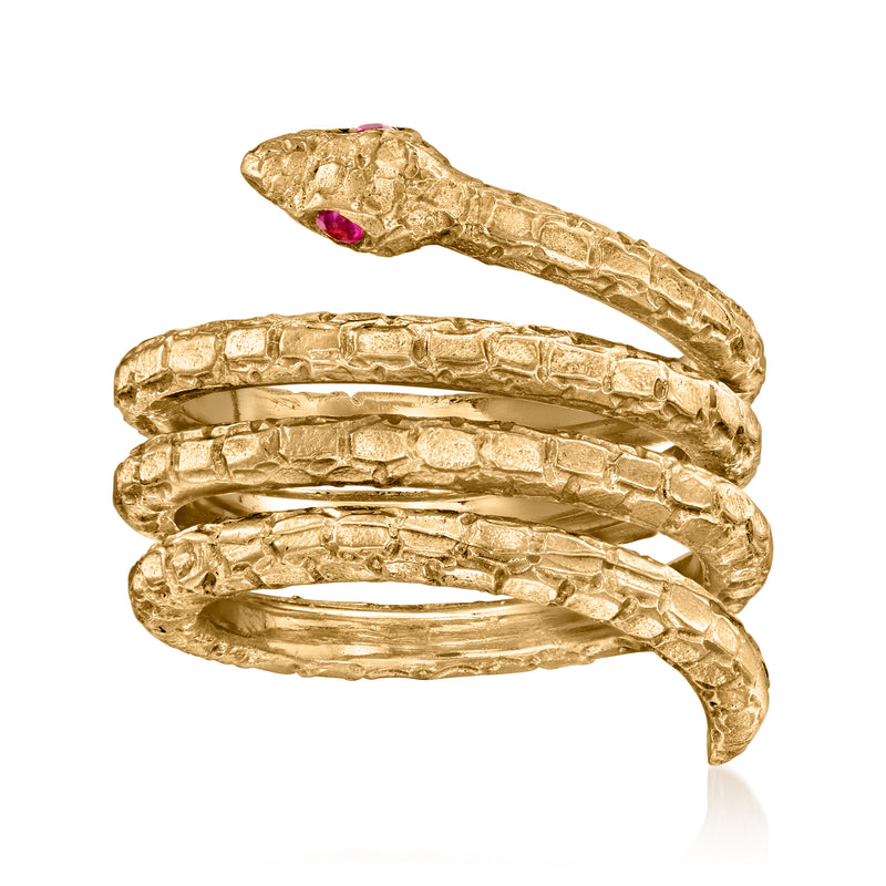 Vintage yellow gold snake ring with red ruby eyes, textured coiled band